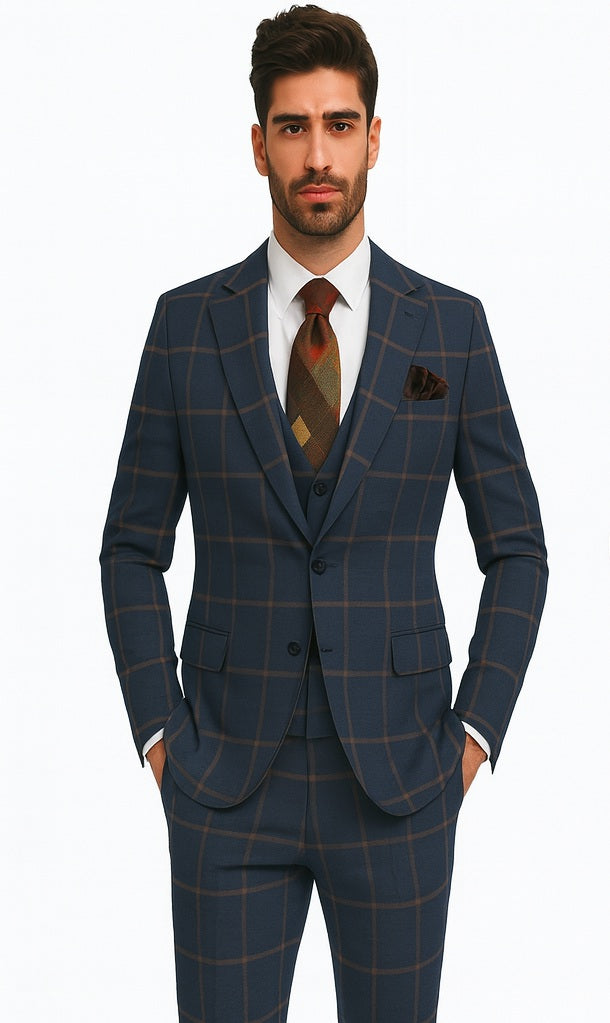 Rossiman Suits Brand - Plaid Textured Double breasted Style - Windowpane Pattern in Color Navy and Gray Rossiman Suits Brand - Plaid Textured Double breasted Style - Windowpane Pattern in Color Navy and Gray