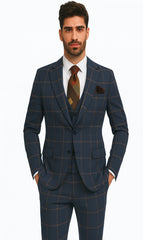 Rossiman Suits Brand - Plaid Textured Double breasted Style - Windowpane Pattern in Color Navy and Gray
