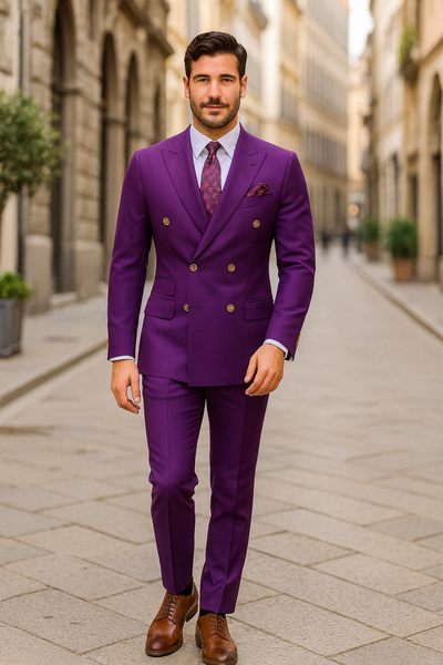 Mens Designer Modern Fit Double Breasted Wool Suit with Gold Buttons in Purple 9 AZ-4189  - from alligatorwarehouse.com