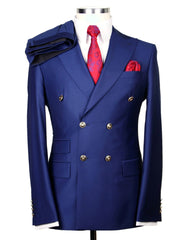 Mens Designer Modern Fit Double Breasted Wool Suit with Gold Buttons in Indigo Blue