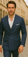 Wool Suit - Italian Made Business Suit by Statement Men's 100% Wool 2 Piece Suit - Double Breasted Plaid