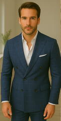 Wool Suit - Italian Made Business Suit by Statement Men's 100% Wool 2 Piece Suit - Double Breasted Plaid