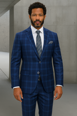 Wool Suit - Italian Made Business Suit by Statement Men's 2 Piece Big and Tall 100% Wool Fashion Suit - Bold Plaid