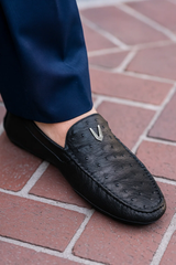 Men's Black Vestigium Genuine Ostrich Full Leather Stylish Dress Loafer Mens Ostrich Skin Shoes