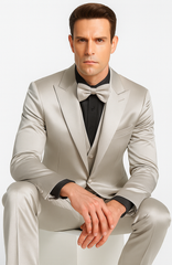 Silver Satin Double Breasted Peak Lapel 3 Piece Skinny Fit Tazzio Men's Suit with Matching Bowtie