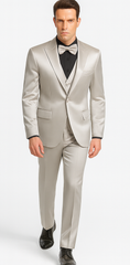 Silver Satin Double Breasted Peak Lapel 3 Piece Skinny Fit Tazzio Men's Suit with Matching Bowtie