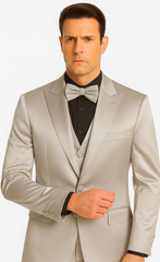 Silver Satin Double Breasted Peak Lapel 3 Piece Skinny Fit Tazzio Men's Suit with Matching Bowtie