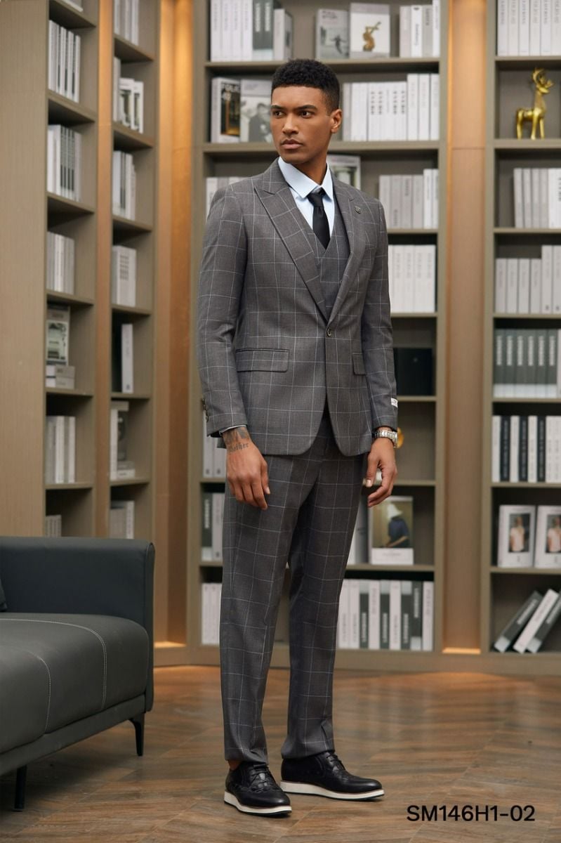Plaid Stacy Adams Men's 3-Piece Hybrid Windowpane Plaid Suit Classic Cut