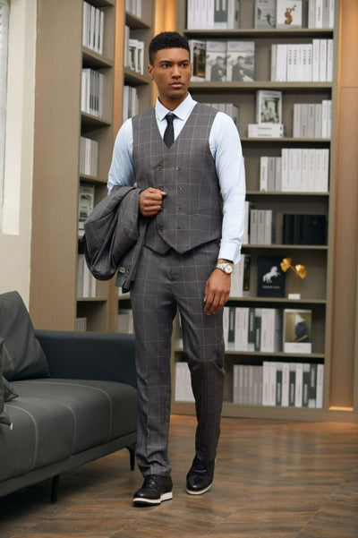 Plaid Stacy Adams Men's 3-Piece Hybrid Windowpane Plaid Suit Classic Cut
