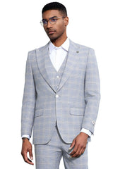 Men's Stacy Adams Vested Peak Lapel Baby Blue Plaid Prom & Wedding Suit