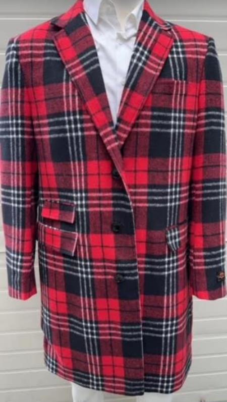 Mens Plaid Overcoat - Checkered Carcoat - 100% Wool Three Quarter Red Plaid Peacoat