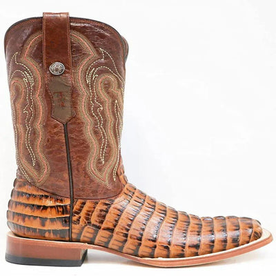 Men's Hudson Print Caiman Tail Square Toe Boots Cognac 4   - from alligatorwarehouse.com