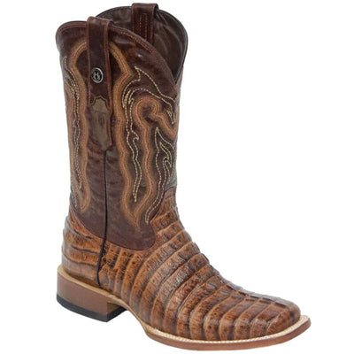 Men's Hudson Print Caiman Tail Square Toe Boots Cognac 6   - from alligatorwarehouse.com