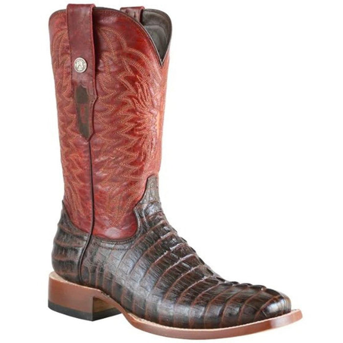 Men's The Bandit Print Caiman Tail Square Toe Boots Chocolate