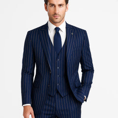 Men's Dark Navy Blue ~ White Mars Vested Peak Lapel Gangster Bold PinStripe Suit