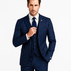 Men's Dark Navy Blue ~ White Mars Vested Peak Lapel Gangster Bold PinStripe Suit