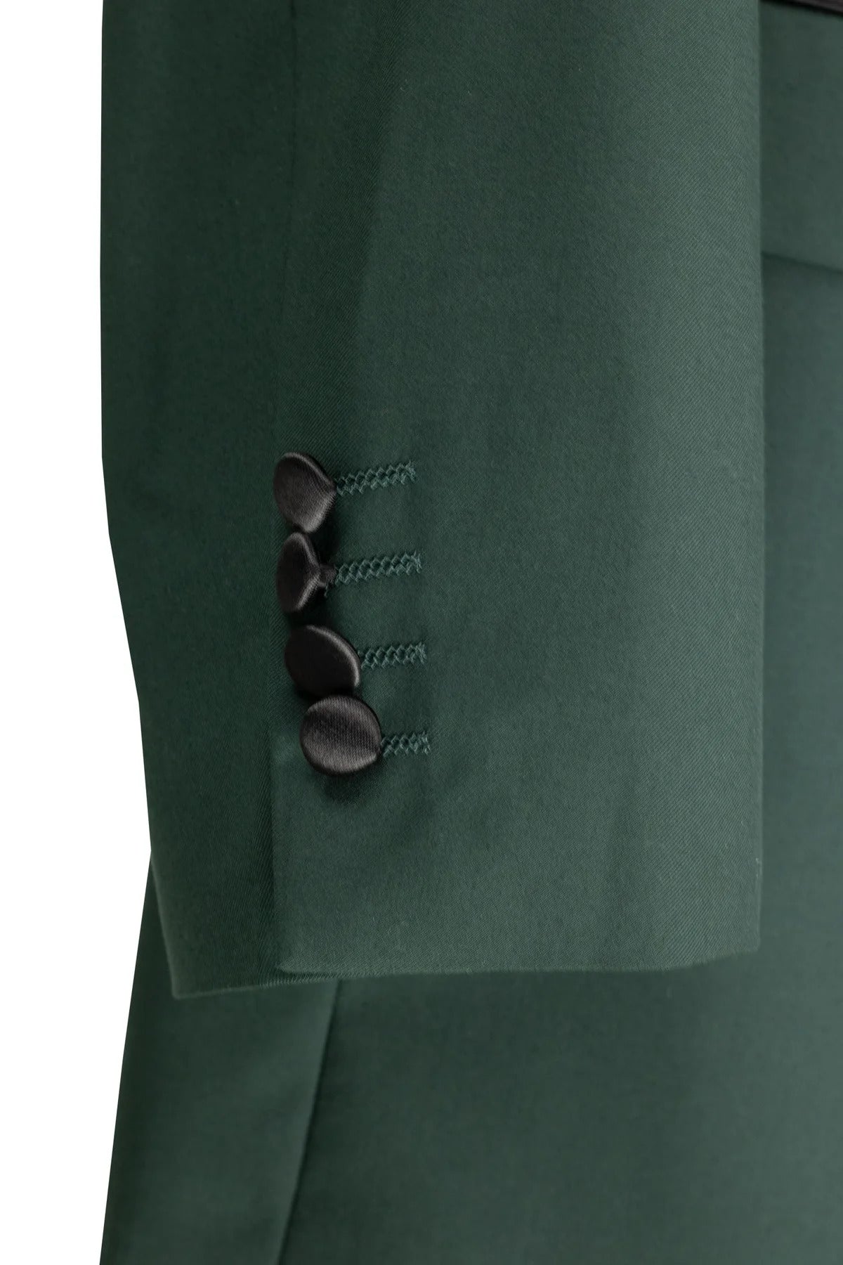 Mens Regular Fit Double Breasted Tuxedo with Satin Lapel and Bow Tie - Hunter Green