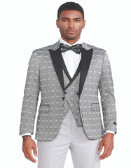 Mens Gray Tuxedo - Grey Wedding Suit-Mens Slim Fit One Button Peak Lapel Tuxedo With Double Brested Vest In Silver Grey Plaid