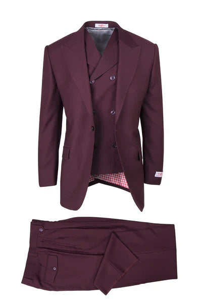 Tiglio Rosso Brand - Classic Suit Fit Pleated Pants Athletic Cut Real Wool Fabric Suit Peak Lapel in Color Burgundy Semi Wide leg Slack