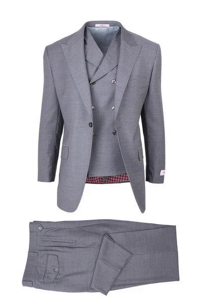 Tiglio Rosso Brand - Classic Suit Fit Pleated Pants Athletic Cut Real Wool Fabric Suit Peak Lapel in Color Light Grey Semi Wide leg Slack