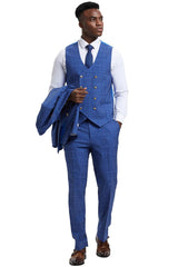 Men's Stacy Adams Peak Lapel Suit with Double Breasted Vest in Blue Windowpane Plaid