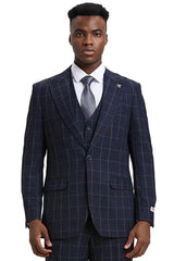 Men's Stacy Adams Vest Classic Bold Windowpane Suit in Navy Blue