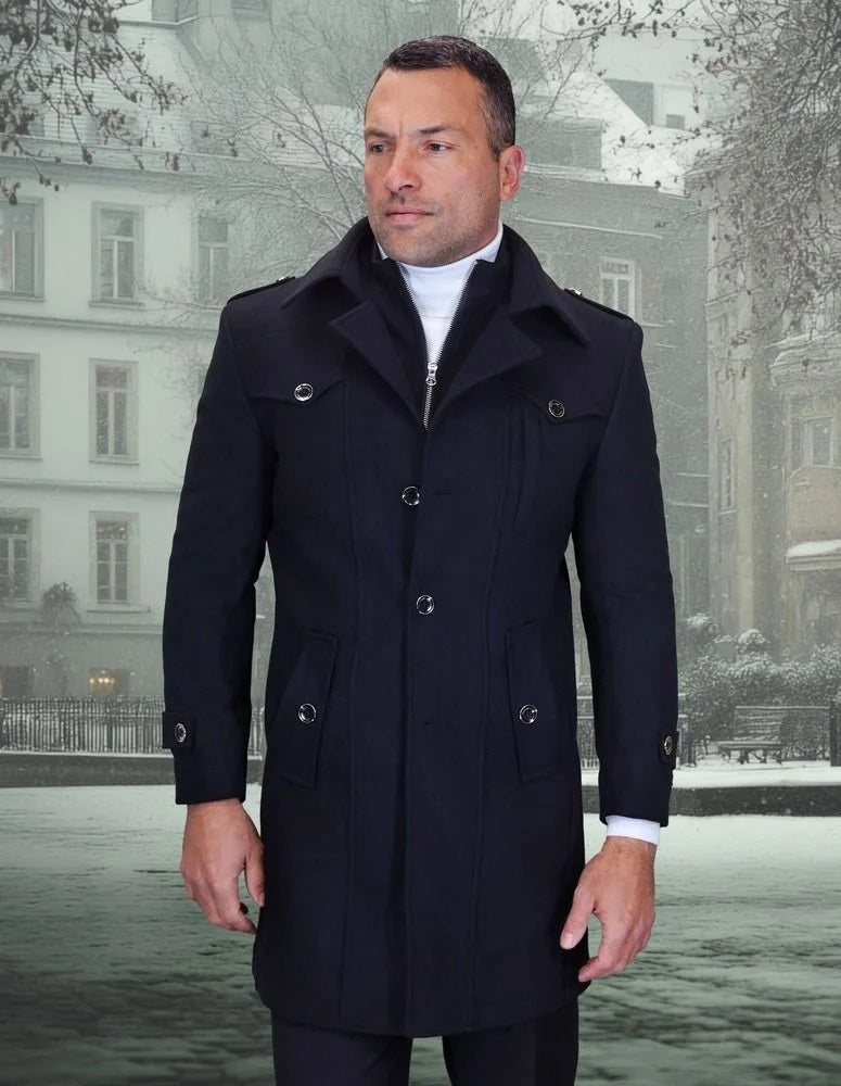 Statement Men's 3/4 Length 100% Wool Top Coat – Distinctive Zipper Design 1 WJ-105-BLACK-34S  - from alligatorwarehouse.com