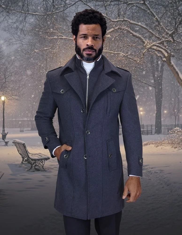 Statement Men's 3/4 Length 100% Wool Top Coat – Stylish Zipper 1 WJ-105-CHARCOAL-34S  - from alligatorwarehouse.com