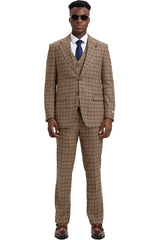 Men's Stacy Adams Vested Modern Fit Houndstooth Glen Plaid Suit in Camel & Green
