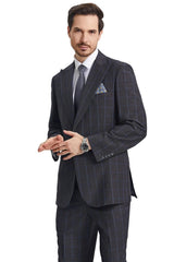 Men's Stacy Adams Peak Lapel Charcoal Grey Windowpane Plaid Suit with a Scoop Neck Vest