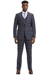 Men's Stacy Adams One Button Peak Lapel Double Breasted Vest Suit in Charcoal Grey Plaid