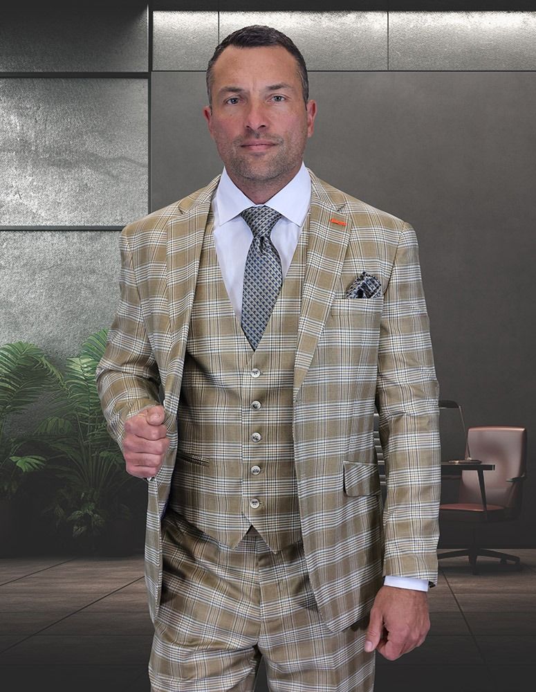 Statement Men's 3-Piece Modern Fit Suit – 100% Wool with Refined Plaid Pattern 2 ZILO-1-RUST-34S  - from alligatorwarehouse.com