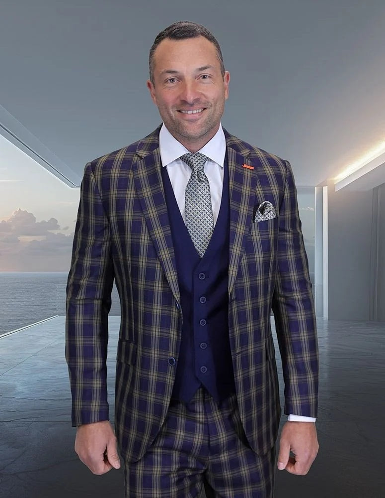 Statement Men's 3-Piece Modern Fit Suit – 100% Wool with Coordinating Solid Vest 2 ZILONI-1-BLUE-34S  - from alligatorwarehouse.com