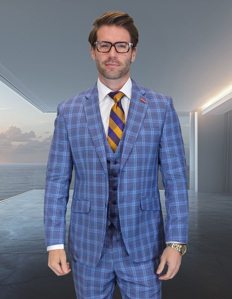 Statement Men's 3-Piece Modern Fit Suit – 100% Wool with Timeless Plaid Pattern 1 ZILONI-5-INDIGO-34S  - from alligatorwarehouse.com