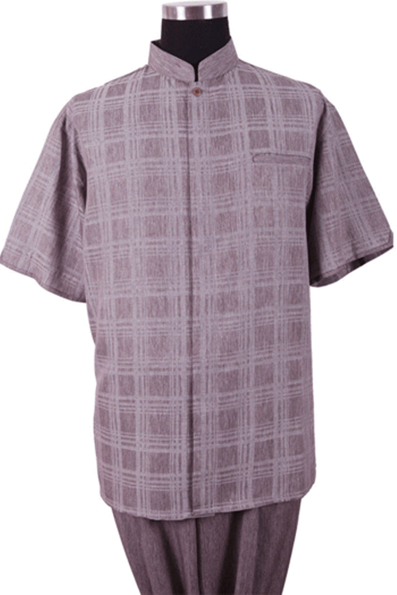 Mens Short Sleeve Plaid Mandarin Banded Collar Walking Suit in Burgundy