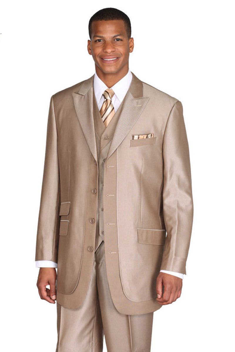 Mens 3 Button Tonal Sharkskin Peak Lapel Vested Fashion Suit in Tan