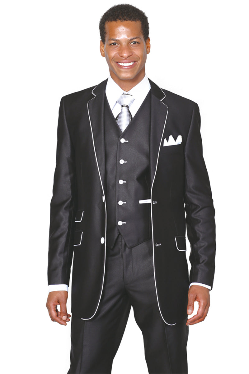 Mens 2 Button Vested Sharkskin Suit with Contrast Trim in Black