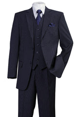 Mens 2 Button Vested Bold Gangster Pinstripe Suit in Navy
