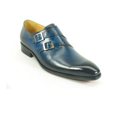 Mens Carrucci Classic Leather Fade Double Buckle Monk Strap Dress Shoe in Navy Blue