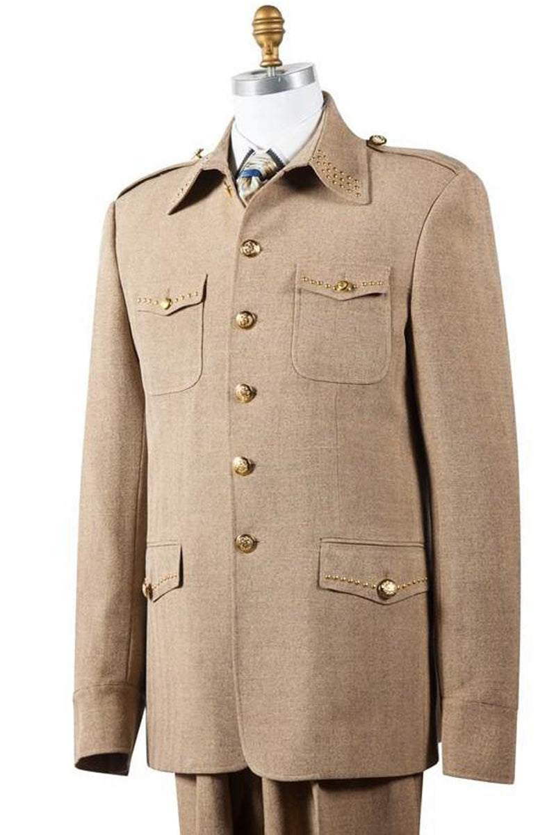 Mens Safari Suit in Taupe Canvas with Metal Buttons Trim