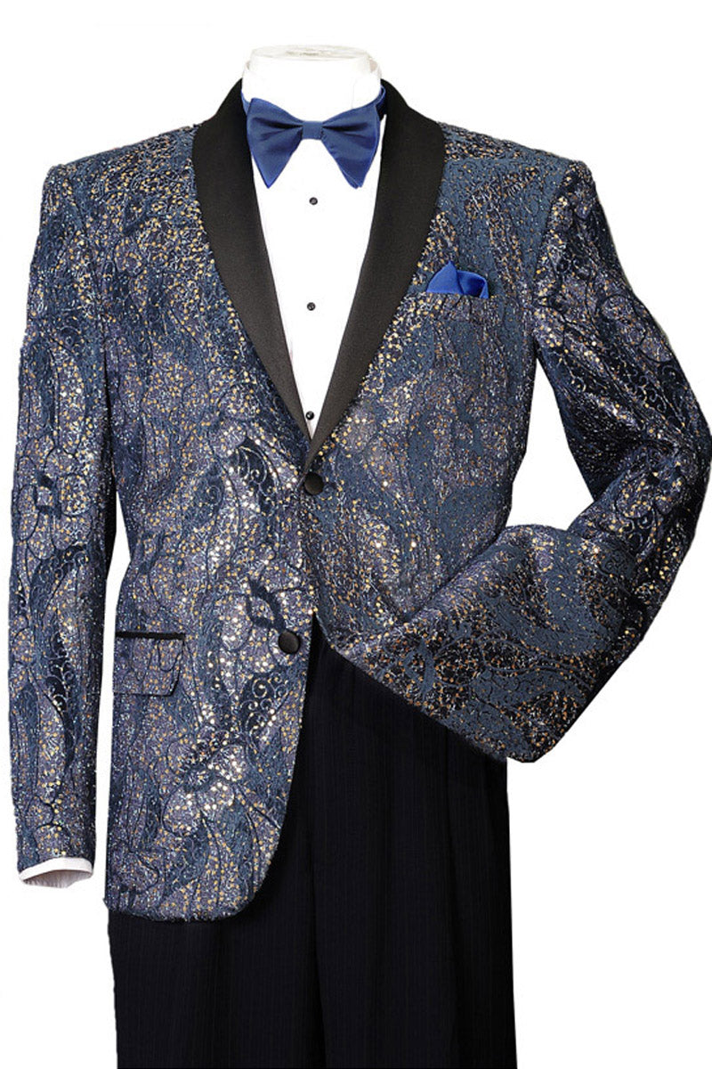 Mens 2 Button Paisley Glitter Tuxedo in Navy