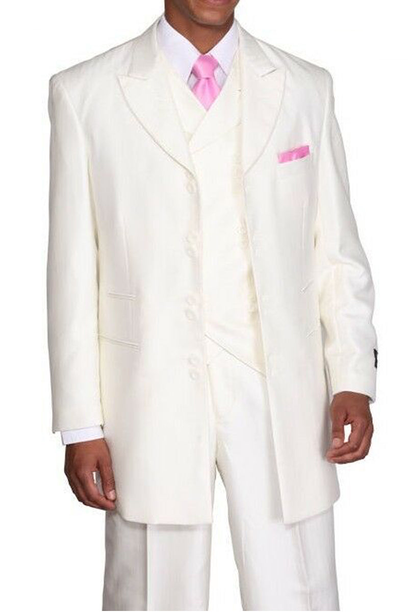 Mens Vested Wide Peak Lapel Ton on Ton Stripe Fashion Suit in Cream