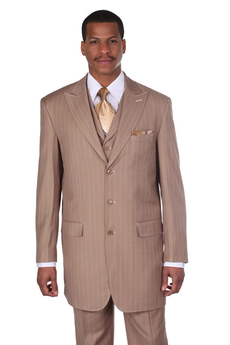 Mens 3 Button Vested Wide Peak Lapel 1920's Gangster Pinstripe Suit in Tan