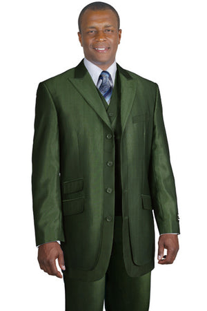 Mens 3 Button Tonal Sharkskin Peak Lapel Vested Fashion Suit in Olive