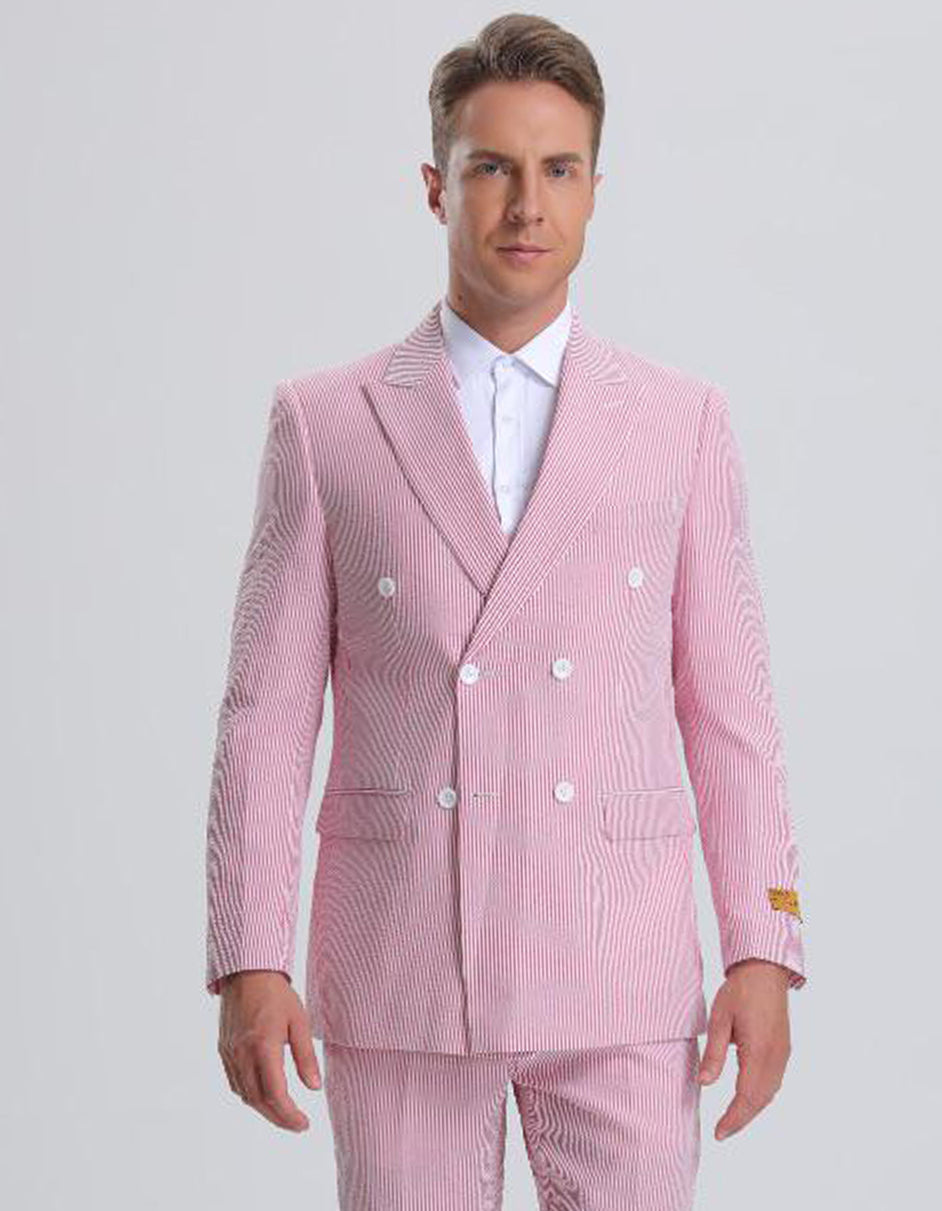 Mens Red Pinstripe Summer Seersucker Double Breasted Suit 1   - from alligatorwarehouse.com