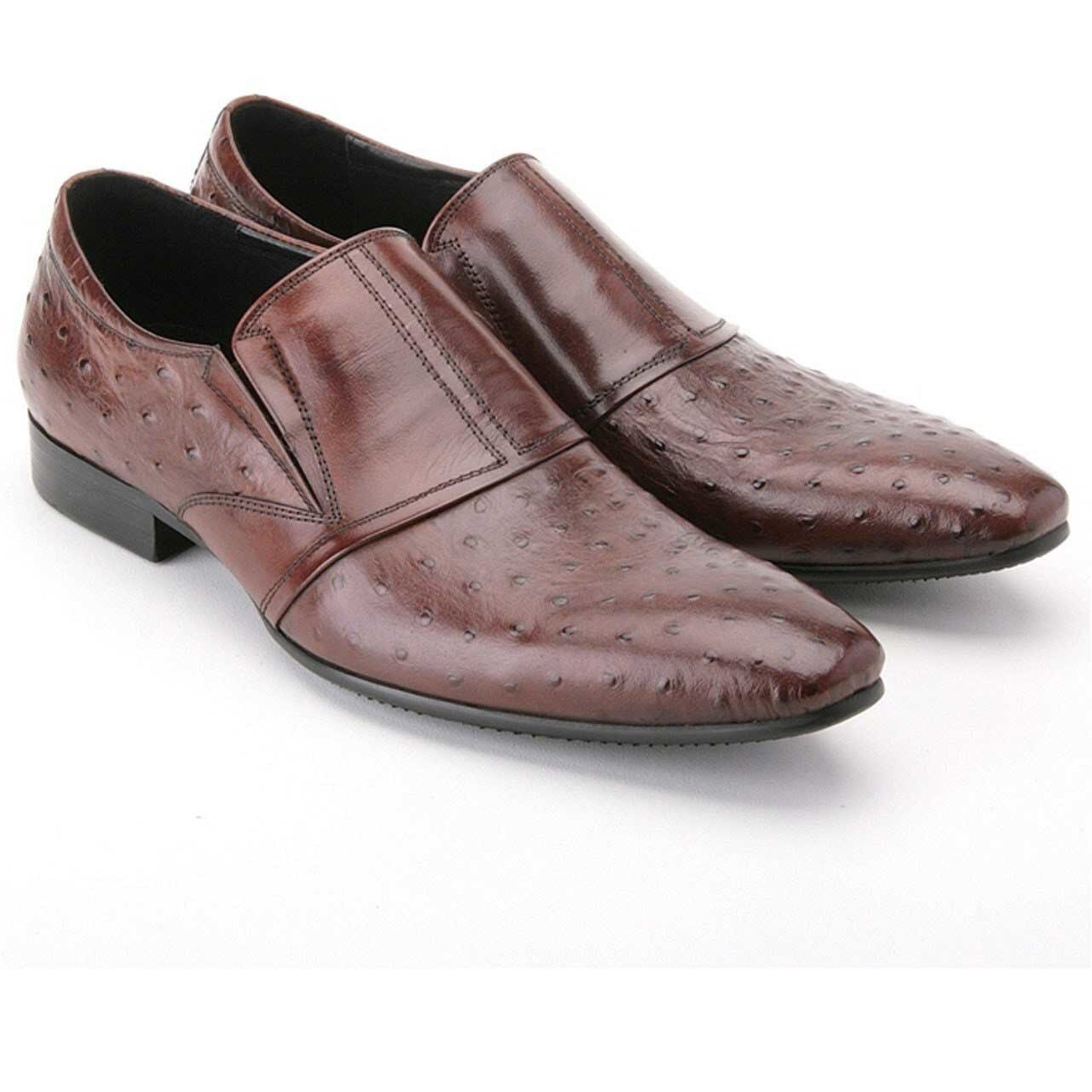 Mens Zota Leather Ostrich Print Slip On Loafer Dress Shoe in Brown 1 hf40-a703-brown-8  - from alligatorwarehouse.com