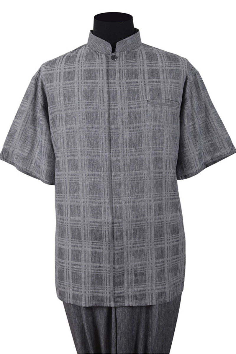 Mens Short Sleeve Plaid Mandarin Banded Collar Walking Suit in Grey