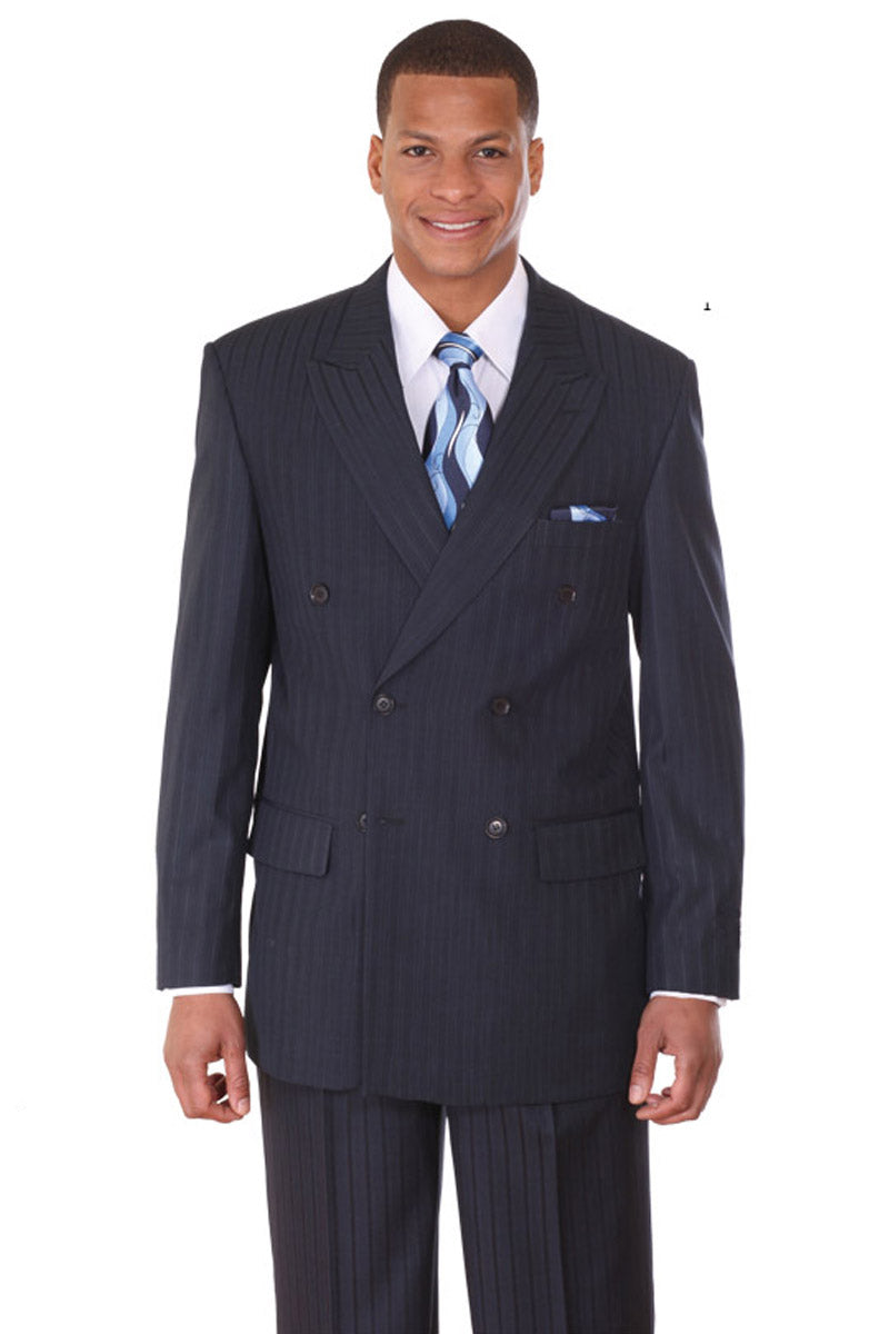 Mens Double Breasted Ton on Ton Stripe Suit in Navy
