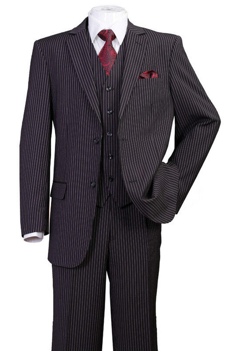 Mens 2 Button Vested Bold Gangster Pinstripe Suit in Black 1 5702V8 -Black-38R  - from alligatorwarehouse.com