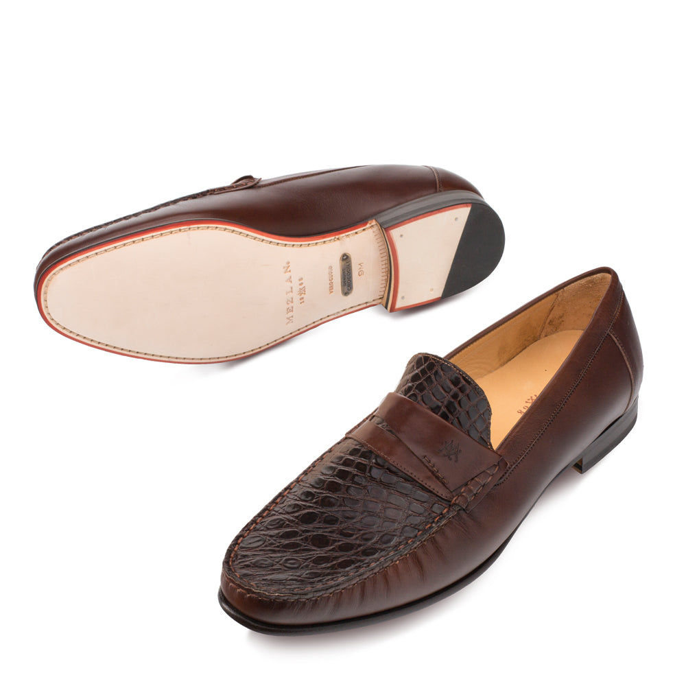 Mens Mezlan Sica Crocodile & Calfskin Loafer Dress Shoe in Brown 2   - from alligatorwarehouse.com